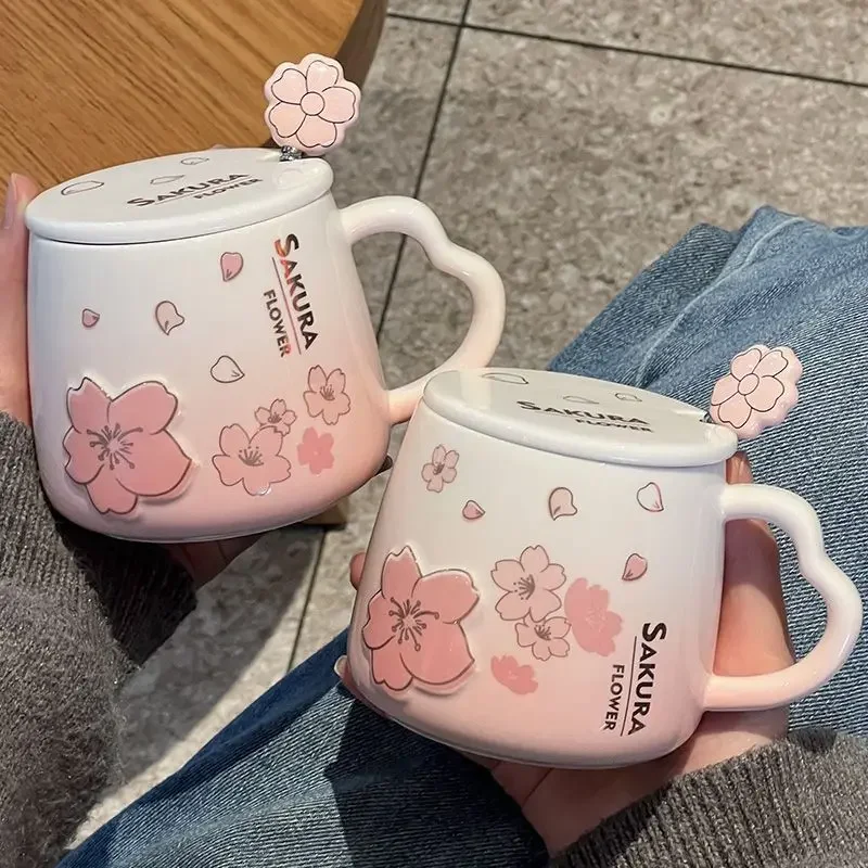 

New High Beauty Mug with Lid Spoon Sakura Powder Household Lovely Breakfast Lovers Milk Coffee Mug Ceramic Mug