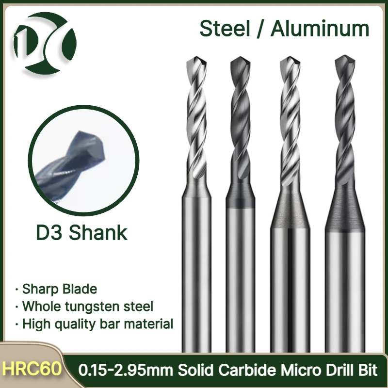 Solid Carbide Micro Drill Bits 0.15-2.95mm D3 Shank for CNC Lathe, High Precision Wear-Resistant for Hard Metal
