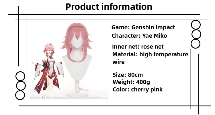 Genshin Impact Yae Miko Peruki Cosplay Halloween Scena Występ Peruka Unisex 80cm Różowe Syntetyczne Włosy Comic-con Kostium Akcesoria