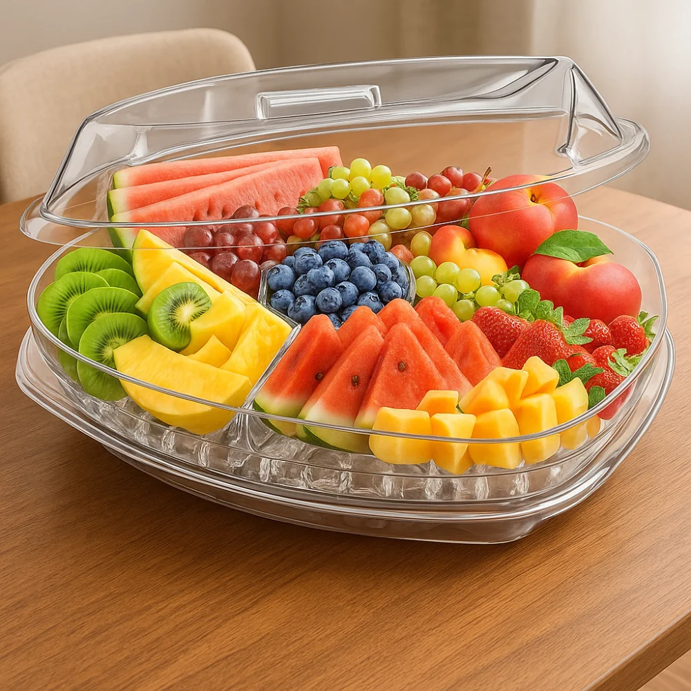 

Plastic Chilled Fruit Tray Transparent Large Capacity Chilled Serving Platter 5 Compartments with Lid Appetizer Tray Sushi