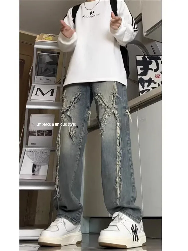 

Men's Hiphop Denim Pants Bell Bot Star Design Patchwork Wide Leg Jeans American High Street Sle Youthful Spring Faion