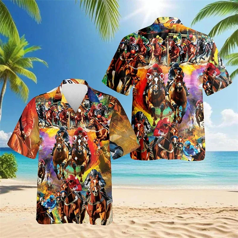 2025 Camisa Harajuku para hombre con estampado de carreras de caballos en 3D, camisa de manga corta con cuello cubano, camisa hawaiana para fiestas en la playa y Hawa