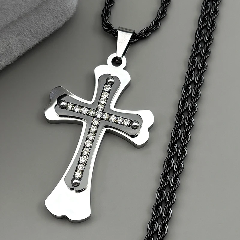 

Chatholic Church Cross Pendant Necklace For Men Women Stainless Steel Rhinestones Silver Color Amulet Faith Chain Jewelry Gift