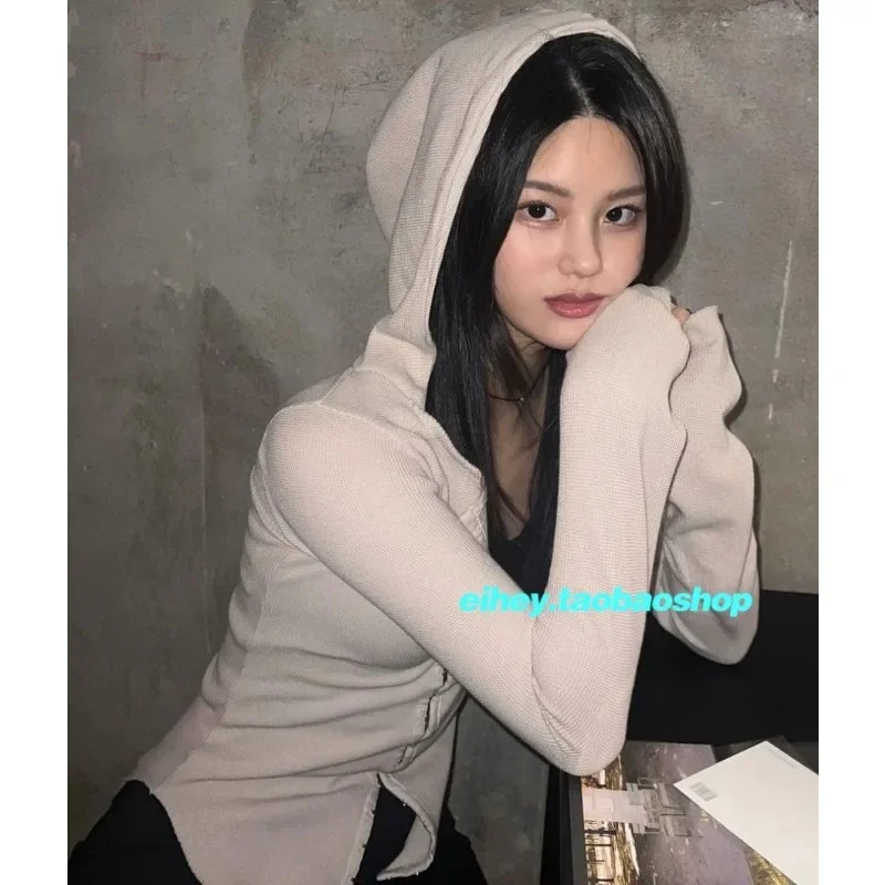 High Street V-neck Solid Color All Match Long-sleeved T-shirt Women 2024 Autumn New Korean Sexy Slim Knitted Hooded Tops