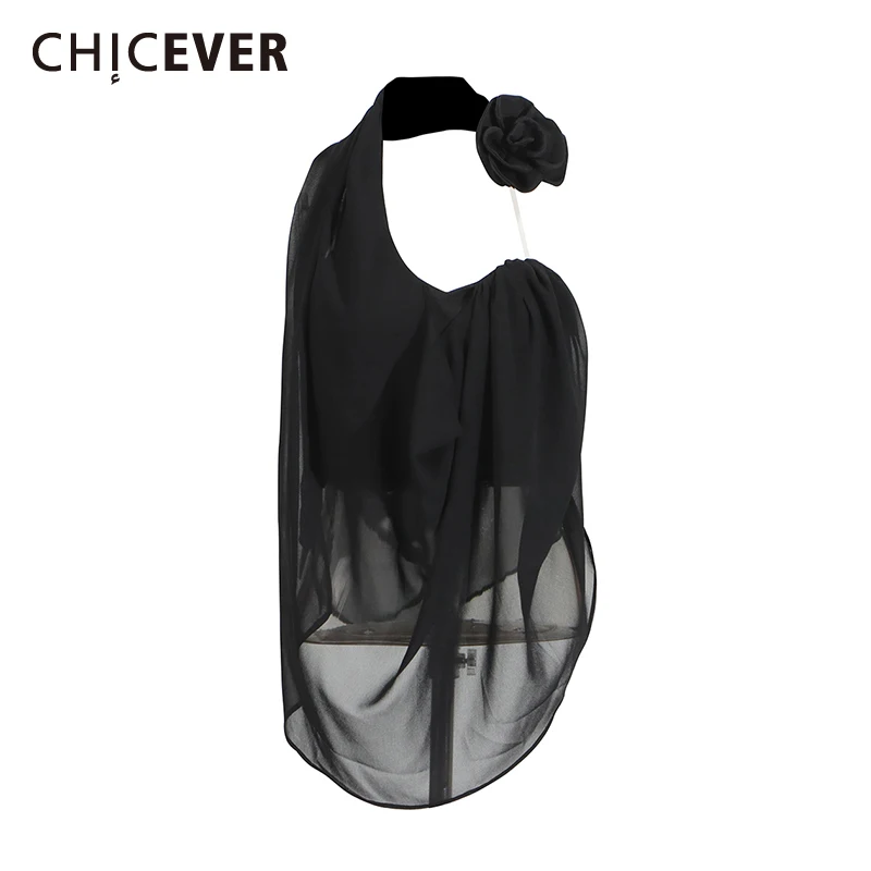 

CHICEVER Sexy Spliced See Through Folds Blouses for Women Halter Sleeveless Temperament Shirt Female Summer Style Clothes New