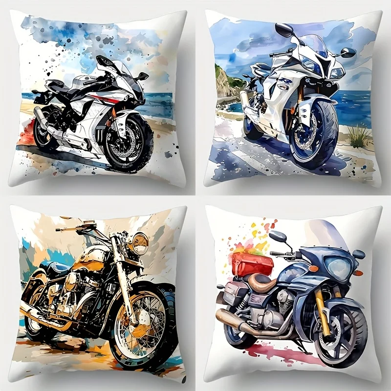 Modern Watercolor Motorcycle Art Pillowcase Set 4pcs Biker Theme Print Canvas Cushion Covers for Home Decor Gifts 45x45cm