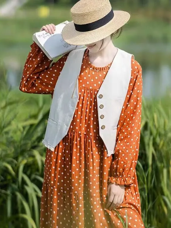 

Retro Polka Dot Vest Jacket Women's Single Button Sleeveless Short Style Casual High Waist Long Pants Pear Straight