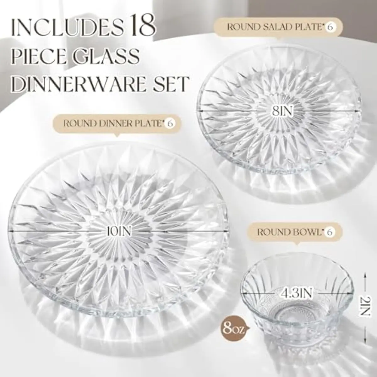 18-Piece Transparent Glass Tableware Collection Featuring vintage Floral Embossing on Underside Only — 6x 20cm Dinner Plates, 6x