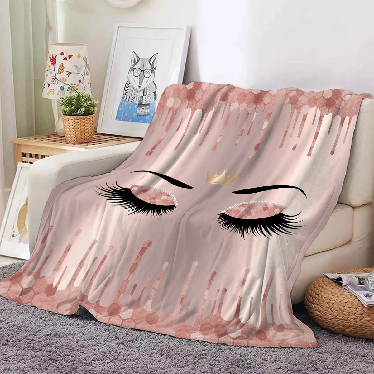 1pc Pink Eyelash Crown Print Flannel Blanket,Soft Cozy,For Travel Sofa Bed Home Decor,Birthday Gift For Teen Adult and Kid