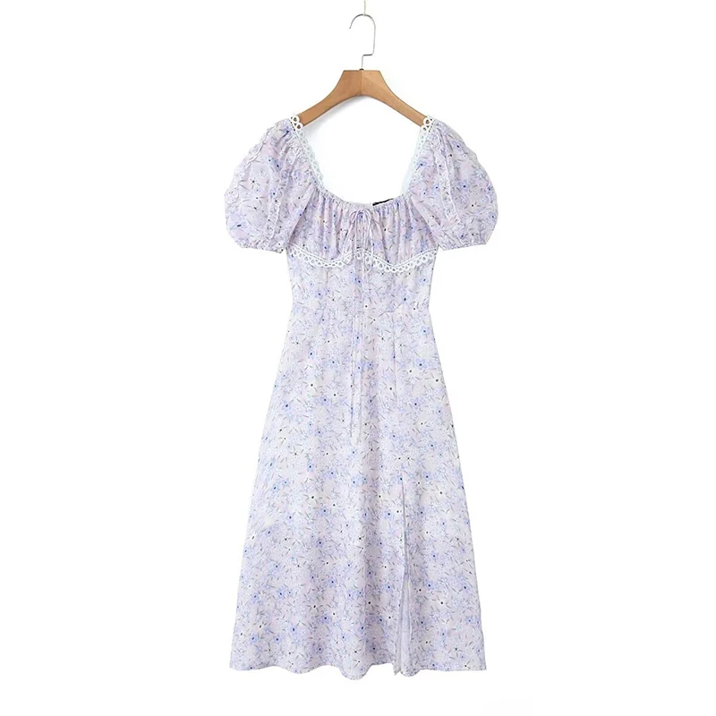 YENKYE Sexy Elegant Women French Style Floral Print Dress Vintage Puff Sleeve Slit Hem A-line Midi Summer Dresses Holiday Robe