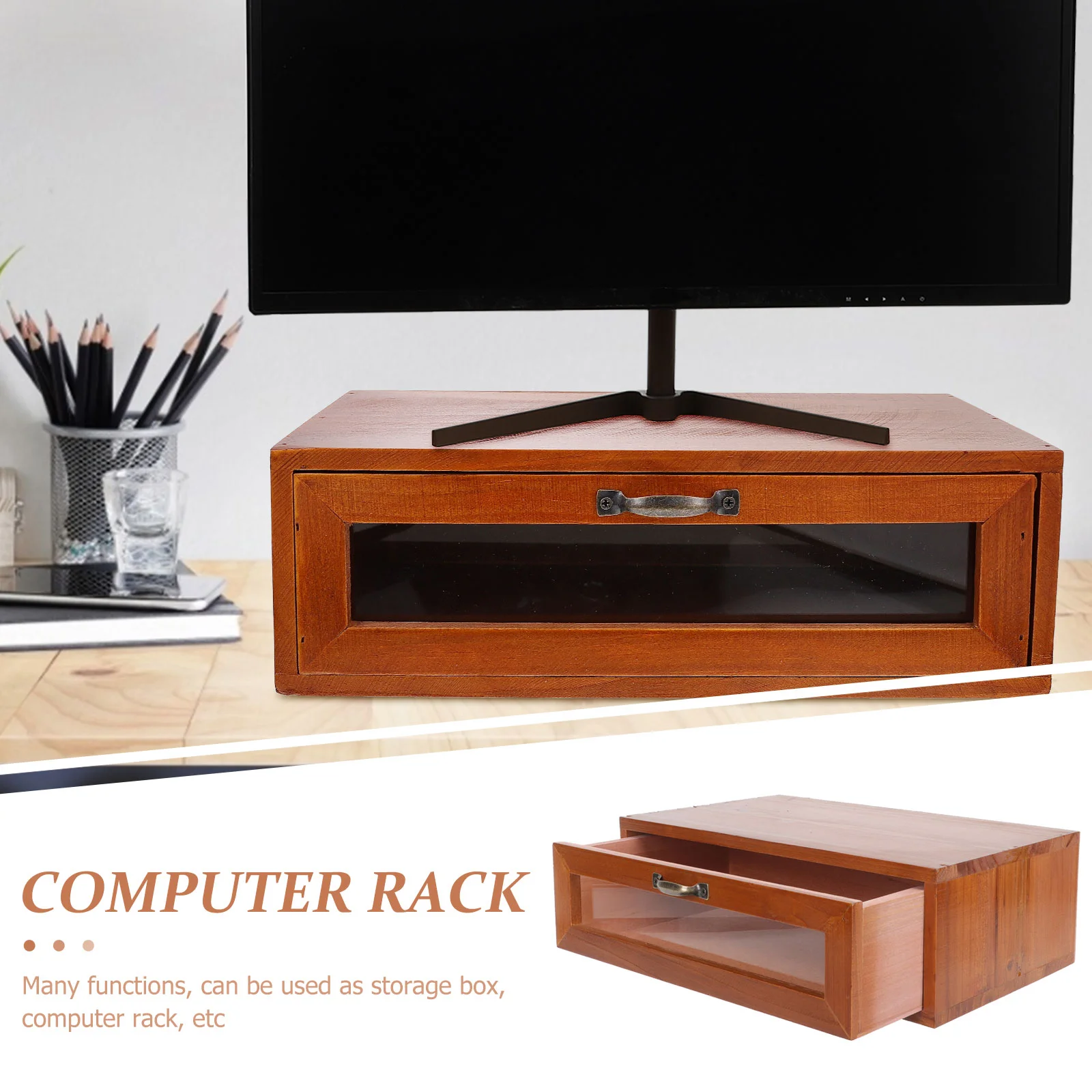 Vintage Drawer Desk Organizers Monitor Stand Desktop Riser with Drawers Iron Wooden Computer