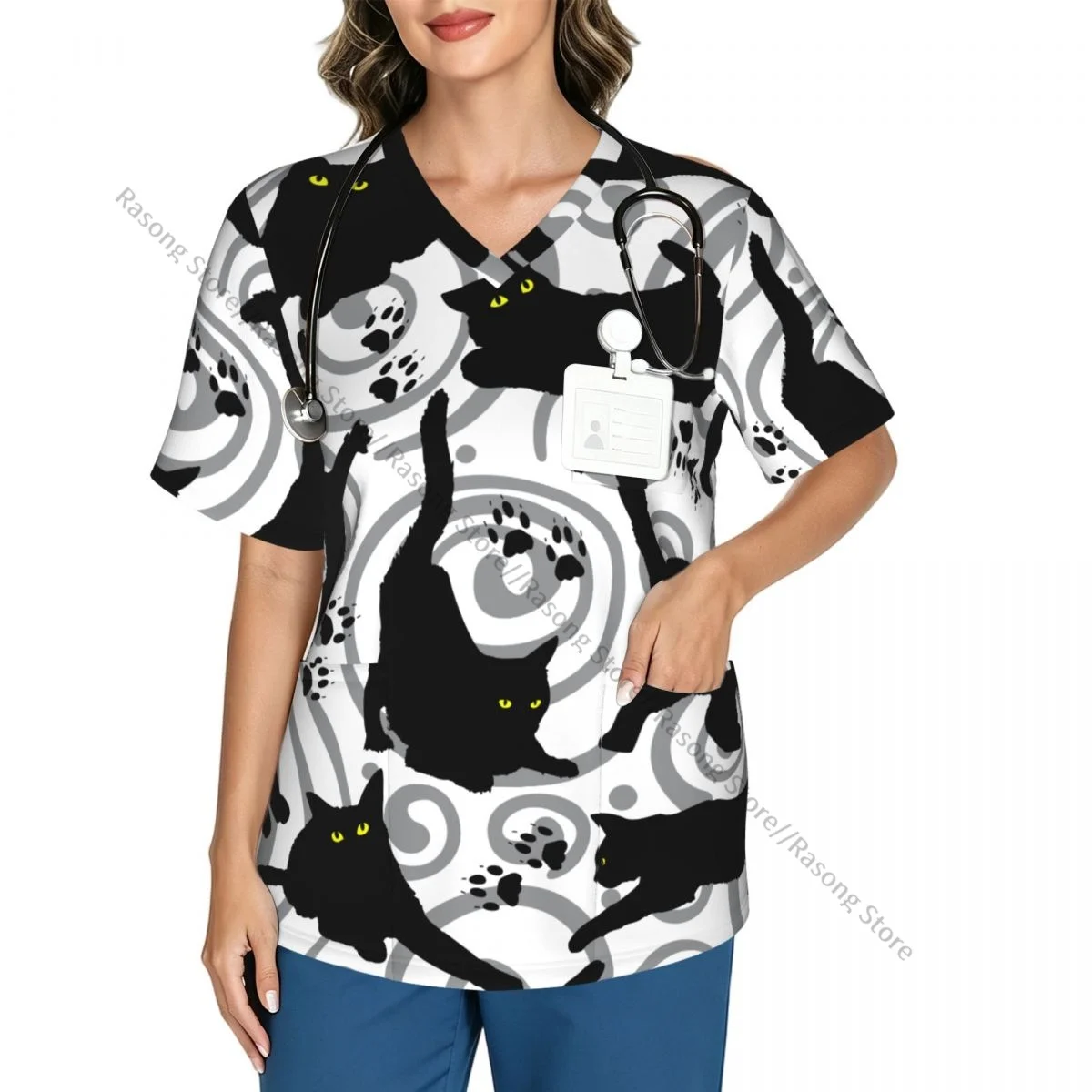 Women Scrubs Blouse Medical Nurse V-neck Clinical Scrubs Top Black Cat Pattern Operating Room Work T-shirt