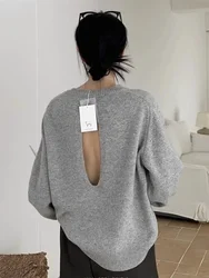 HELIAR Sexy Backless Knitted Sweaters Women Hollow Out Long Sleeve Lazy Wind Pullover Vintage Loose Casual O Neck Streetwear Top