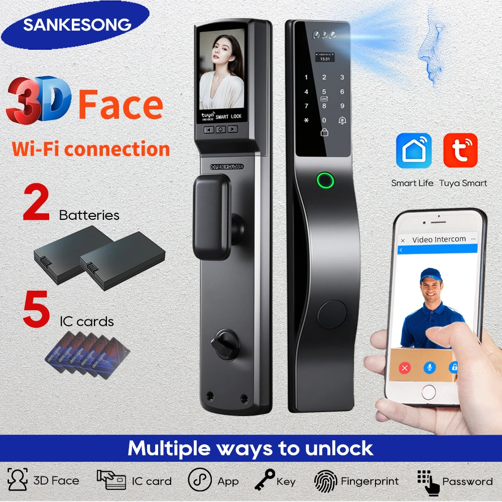 

SANKESONG Tuya Smart 3D Face Door Lock Камера безопасности Монитор Интеллектуальный отпечаток пальца Пароль Биометрический двойной аккумулятор
