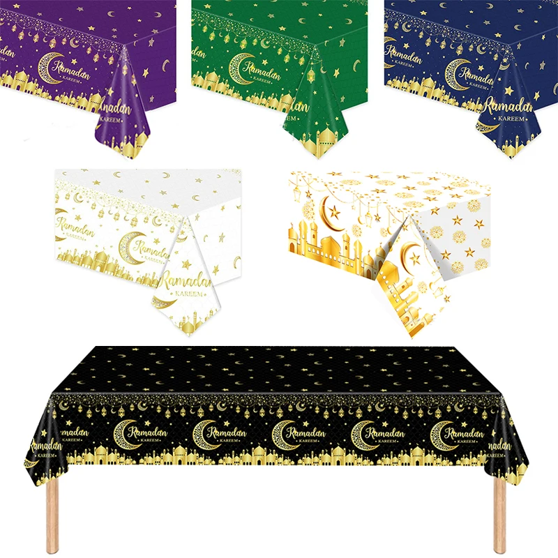 Ramadan Kareem Disposable Tablecloth Gold Moon Mosque Pattern Eid Mubarak Tablecloth Islamic Muslim Holiday Party Table Decor