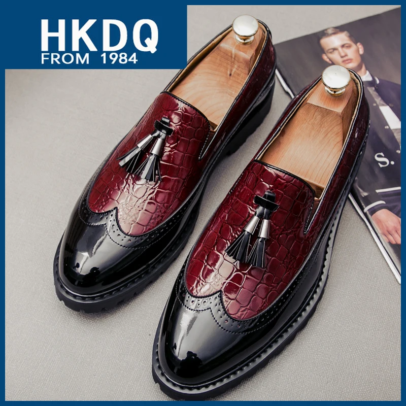 

HKDQ Tassels Patent Leather Loafers For Men Trendy Red Glitter Elegant Men's Dress Shoes Fashion Slip-on Social Formal Shoes Man