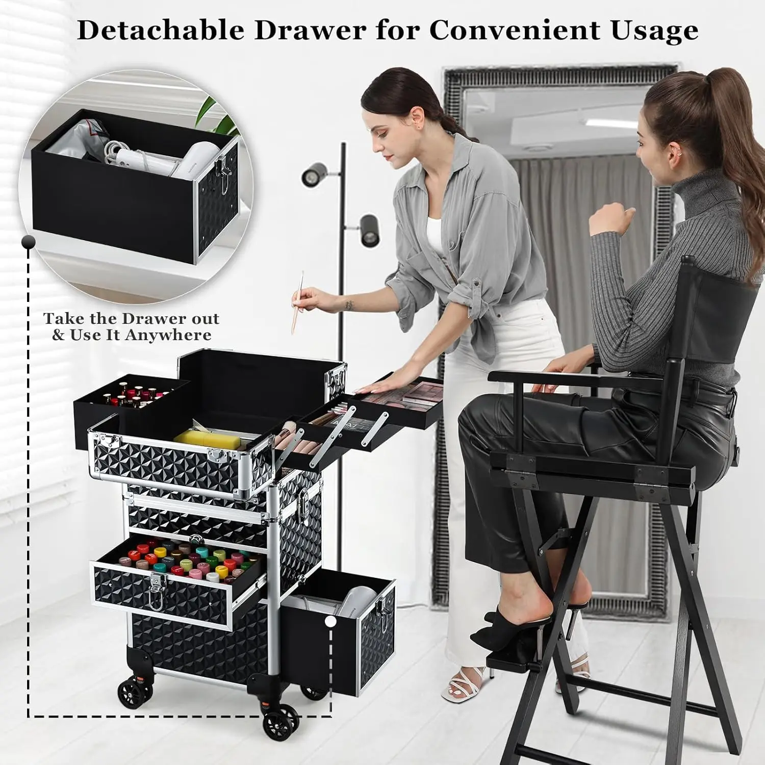 حقيبة مكياج كبيرة دوارة مع مقصورات قابلة للتعديل ودرج قابل للفصل وعجلات فرامل القدم للمنظمين المحترفين