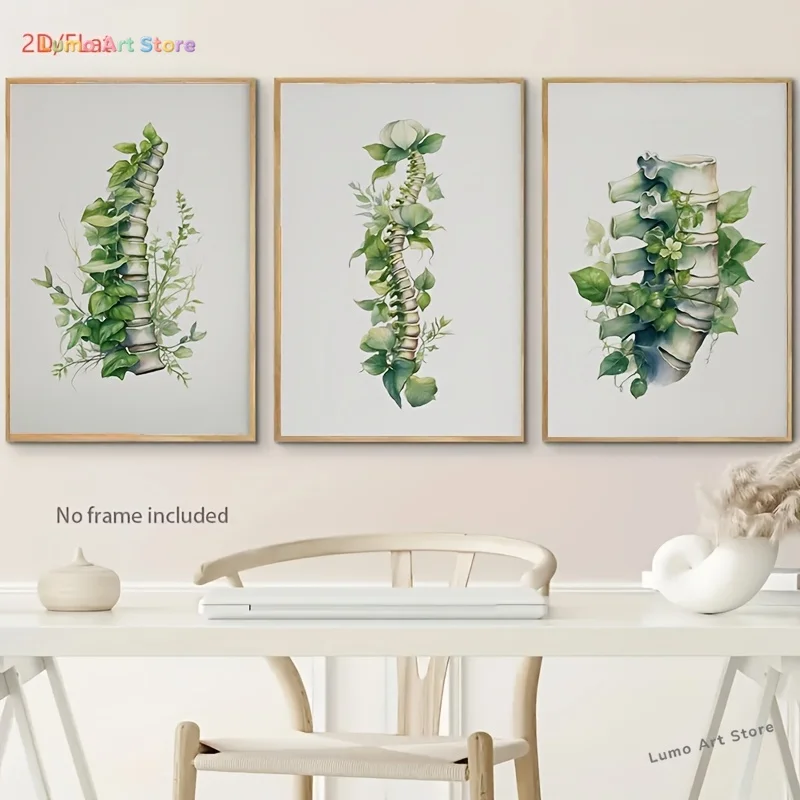 2D Flat, 3pcs Decorative Art Set, 2D Flat, Frameless Canvas Painting, Chiropractic Office 3pcs Set - Spinal Massage Wall Art