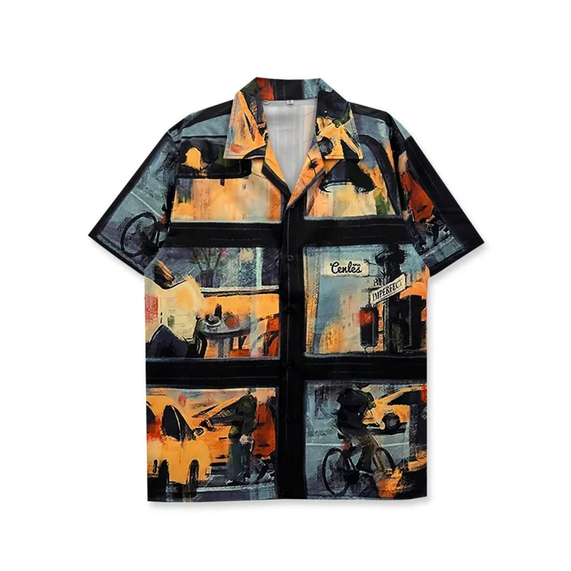 140g 4-Way Stretch Printed Shirt With Scenic Window Lamp Post Bicycle Pattern, Moody Sunset Atmosphere