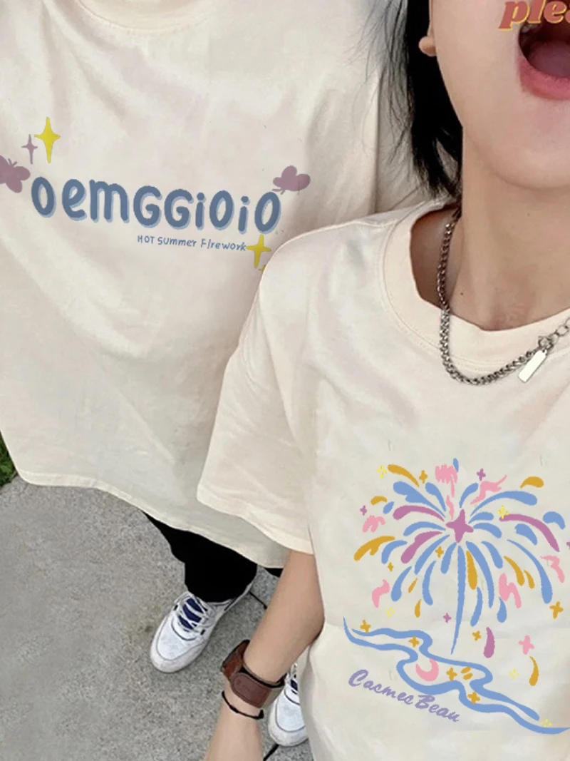 Color Fireworks Pattern tops 2025 New High-quality Trend T-shirt Summer Loose Breathable Round Neck Short Sleeves