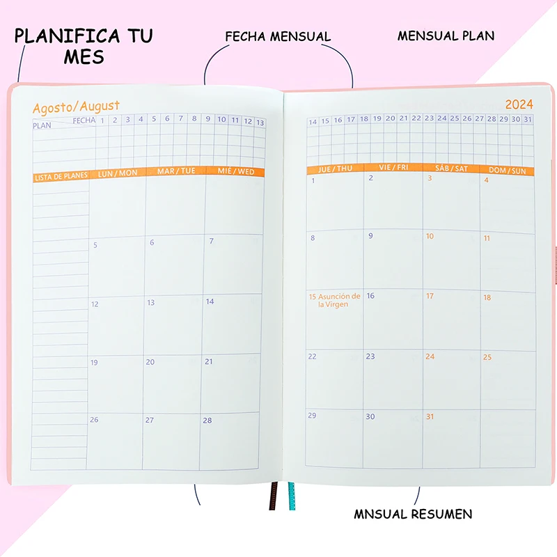 July 2024 to June 2025 Planner Notebook A5 Agenda Spanish Inner 80GSM Monthly/Weekly/Daily School Supplies Stationery