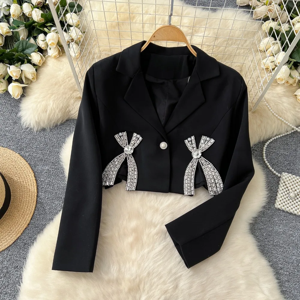 Neploe Moda Heavy Celebrity Bow Diamonds Coat Advanced Small Fragrance All-match Elegant Jacket Small Fellow Short Women Outwear