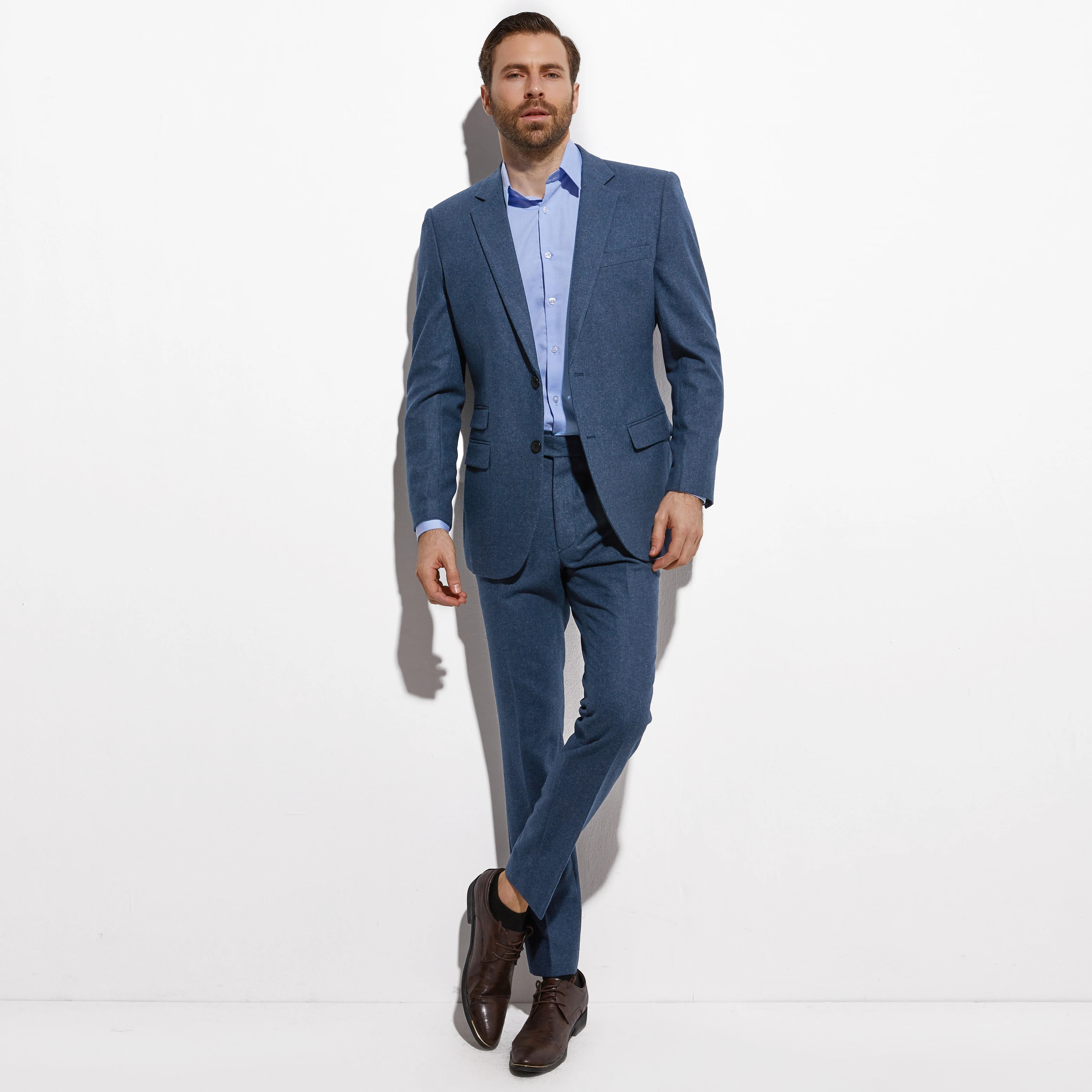 Gorgeous Slim Blue Grey Flannel Suits For Men Custom Made Men Blue Suit Warm Fashion Style Business Suits With Ticket Pocket