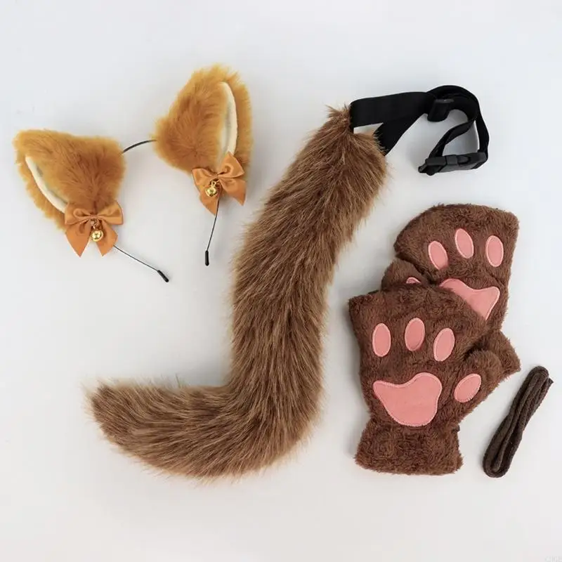 C9GE 3Pcs Halloween Cats Costume Accessories Cats Dress up Costume Headband, Tail, Gloves for Girl Cosplay Halloween