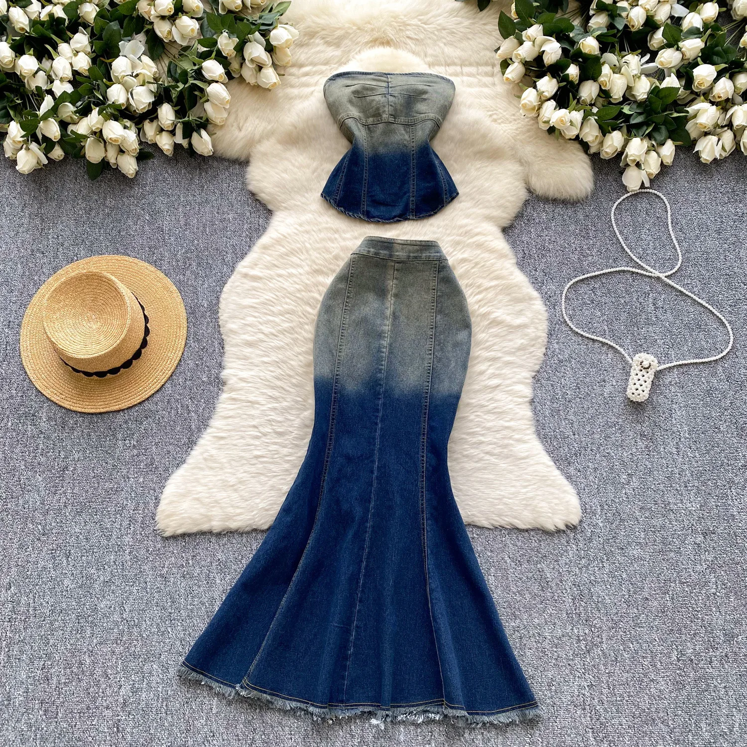 

Одежда в американском стиле ретро, женская летняя одежда, облегающий джинсовый топ без рукавов Pure Desire, юбка-рыбий хвост с высокой талией