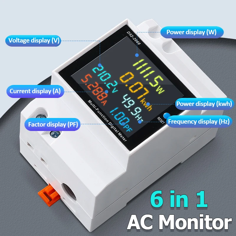 

D52-2066 6 в 1 монитор переменного тока на Din-рейку, 110 В, 220 В, 380 А, напряжение, ток, фактор мощности, активный кВтч, Электрический измеритель частоты энергии