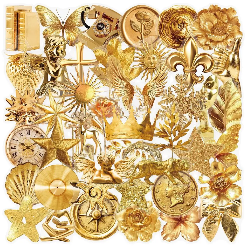 50Pcs Gold Metallic Transparent Stickers Non Repeating Design Waterproof Decals for Phone Notebook Cup Decor AnimeWorlds Store
