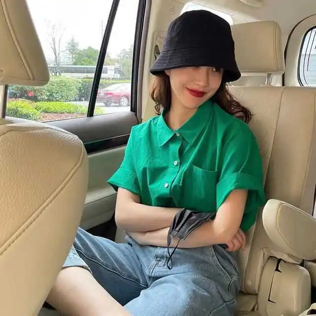 

Casual Loose ort Sve irt Vintage Single Button Collar Thin Design Women Summer White een Cuffed irt Commute S...