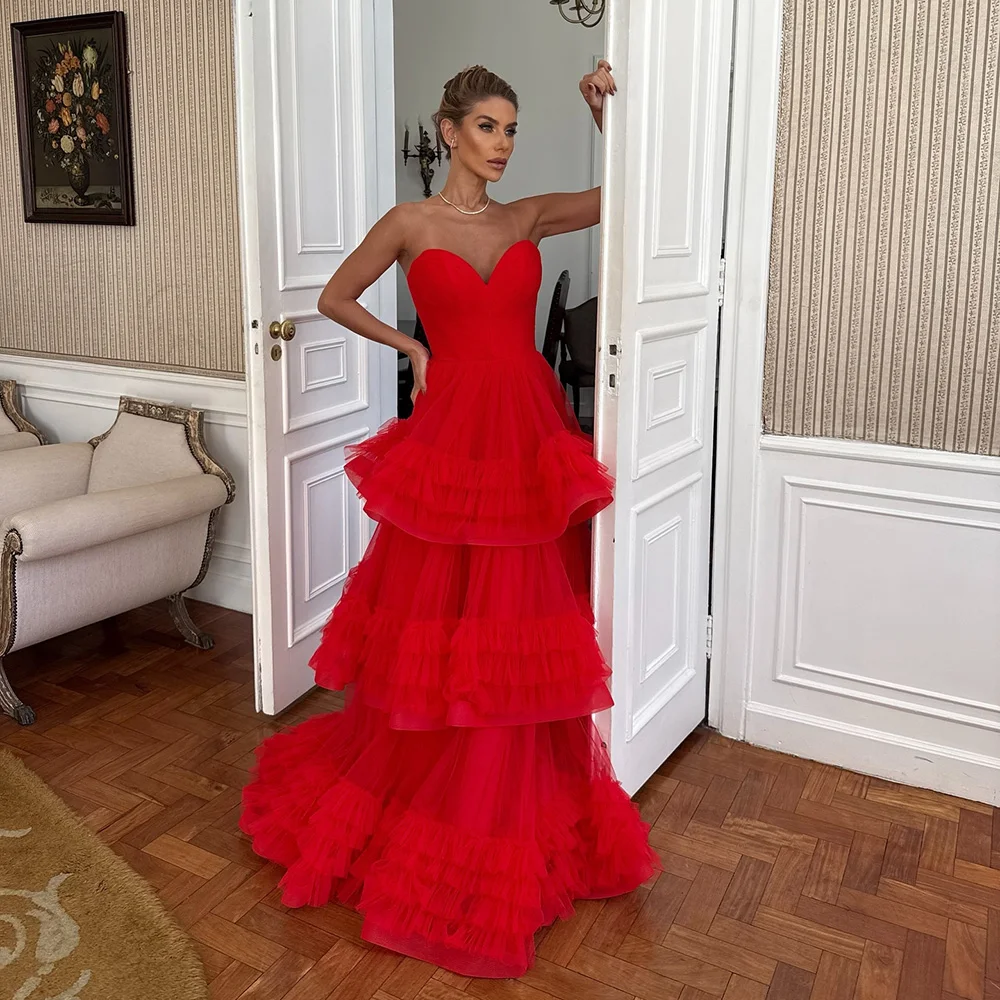 Customized Red Tulle Prom Dresses with Tiered Ruffles Sweetheart A-Line Evening Gowns Pleated Ruched Formal Party Dress vestido