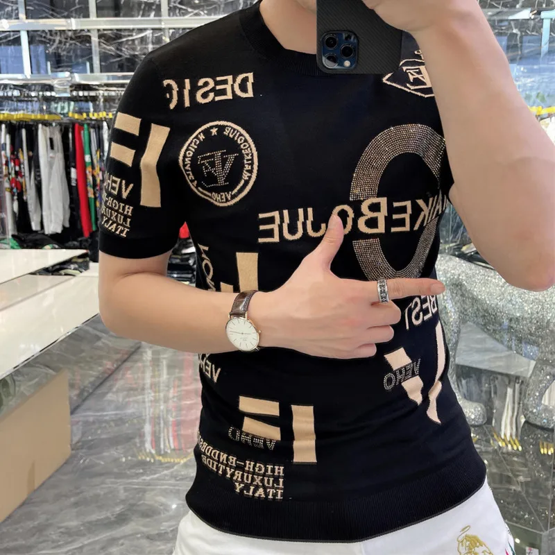 Men O-Neck Rhinestone Tee Hot Drill Alphabet Pattern High Elasticity Knit TShirt Homme Streetwear Fashion Summer Casual Knitted