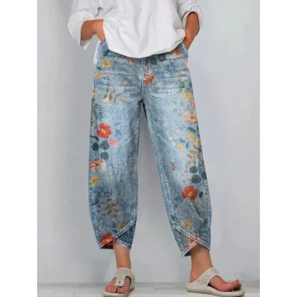 Vintage-Haremshose mit Rosenmuster, kurz geschnitten, lockere Tulpenform, knöchellang, lässige Hose für Zuhause, Loungewear, Urlaub – Detail 13