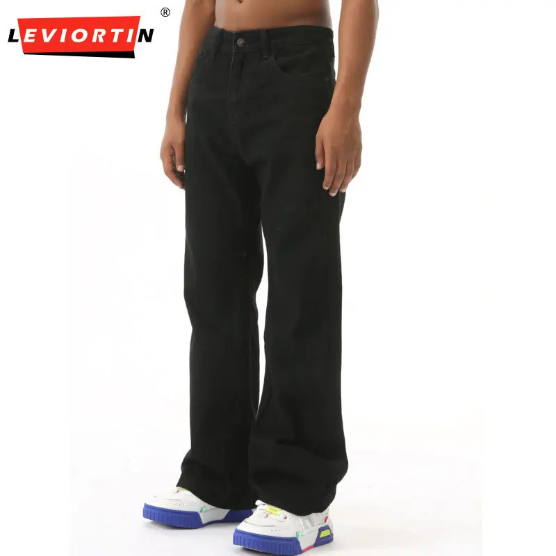 

2025: четырехсезонные мужские повседневные универсальные свободные джинсовые брюки в американском стиле ретро Vibe, простые чистые черные потертые прямые брюки