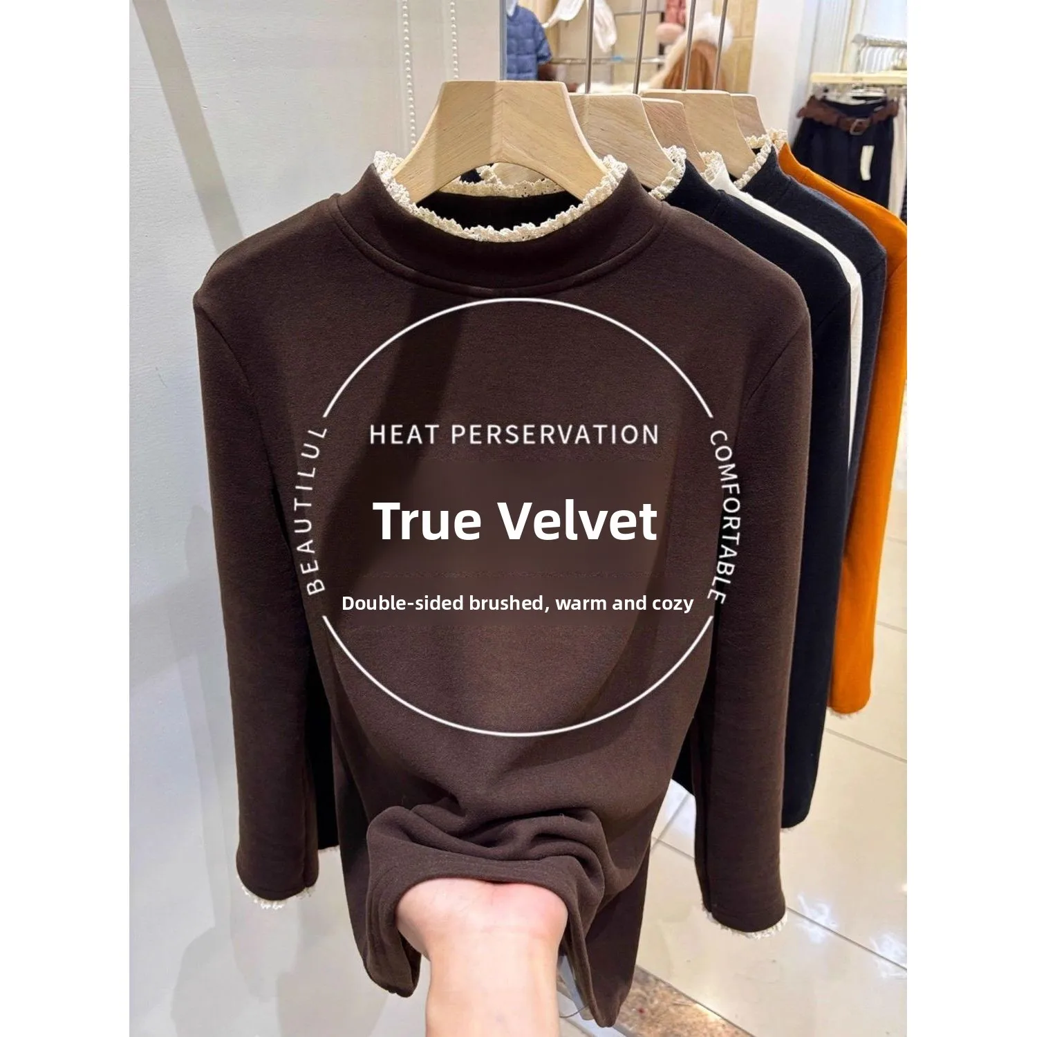 Caramel Lace Trim Splice German Velvet Women's Long Sleeve Half High Collar Base Shirt Autumn Winter Flocking Warm Inner Wear