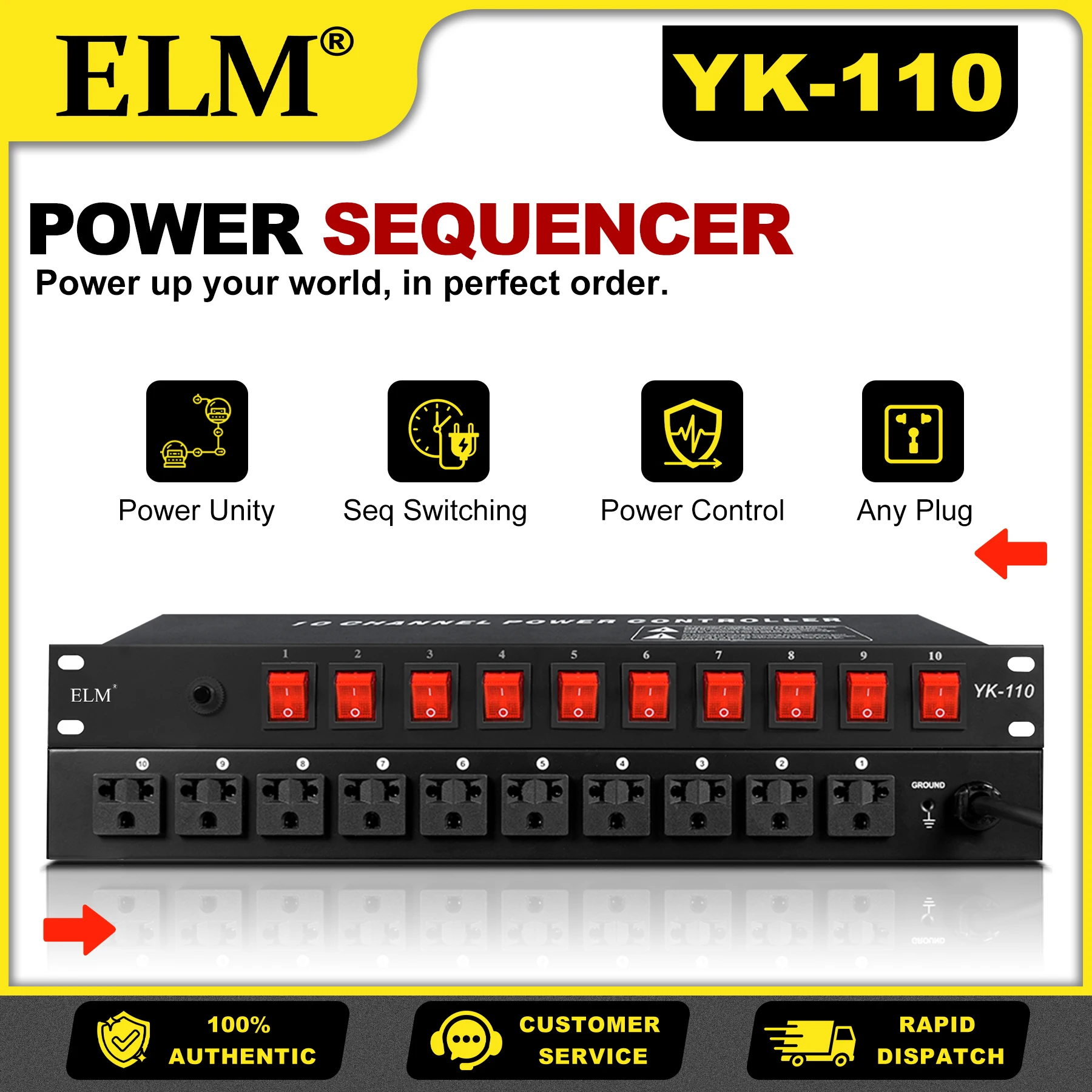 YK-110 10CH Power Sequencer with Independent Switch & 6-Level Protection for DJ Audio Stage Lighting Universal Plug