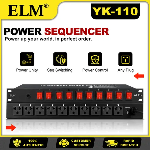 YK-110 10CH Power Sequencer with Independent Switch & 6-Level Protection for DJ Audio Stage Lighting Universal Plug