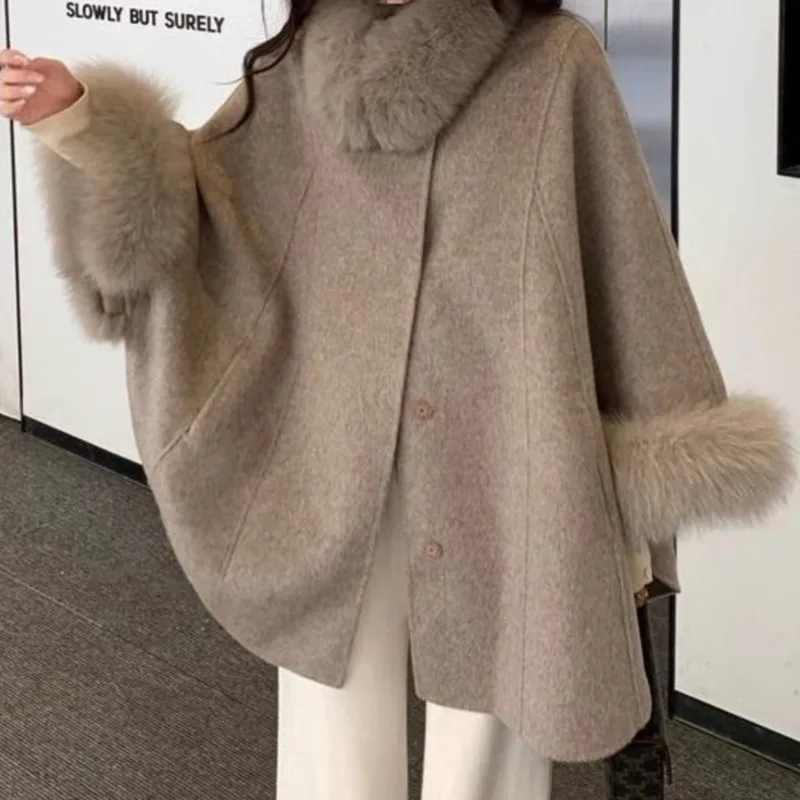 EAEOVNI 가을 겨울 신상 울 재킷 여성 패션 퍼 스플라이스 디자인 벨트 허리 조임 루즈 코트 우아한 2025 의류