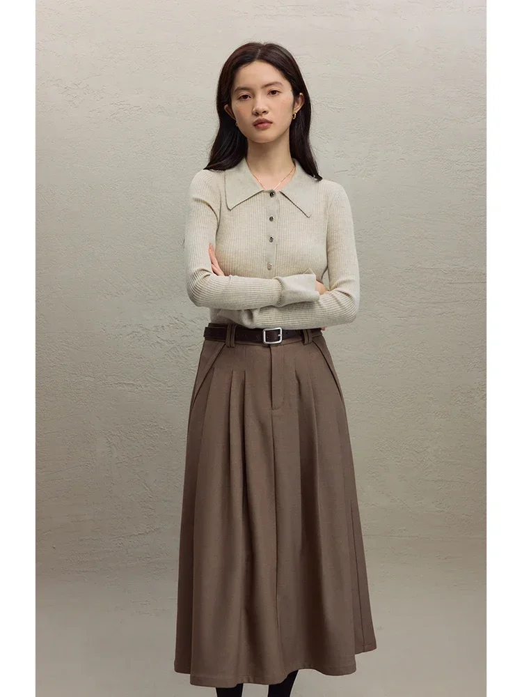 ZIQIAO Office Lady Winter New Thicken A-LINE Skirts Belt Decoration Pleated Design Female Brown Twill Mid-Length Solid Skirts