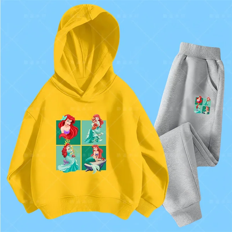 Disney The Little four grid Mermaid Hoodie Set Girls Cartoon 3-14 Years Old Kawaii Street Kids Sweatshirt Children\'s Trucksuit