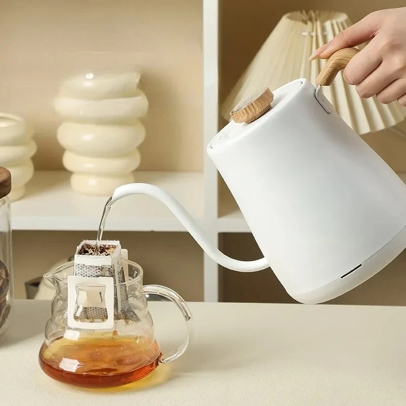 

zz Wood Grain Electric Gooseneck Kettle Hand Brew Coffee Pot Smart Teapot with Thermometer 1000w Fast Heating Kettle 110v/220v