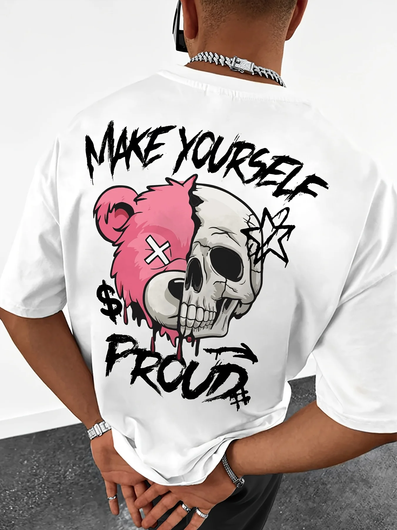 New European and American men's summer skull bear print comfortable and breathable round neck T-shirt outdoor street style top