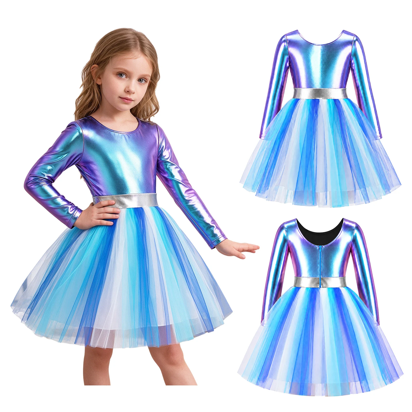 Kids Girls Alien Costume Long Sleeve Zipper Metallic Bodice Tulle Robot Space Cadet Galaxy Warrior Dress for Halloween carnival