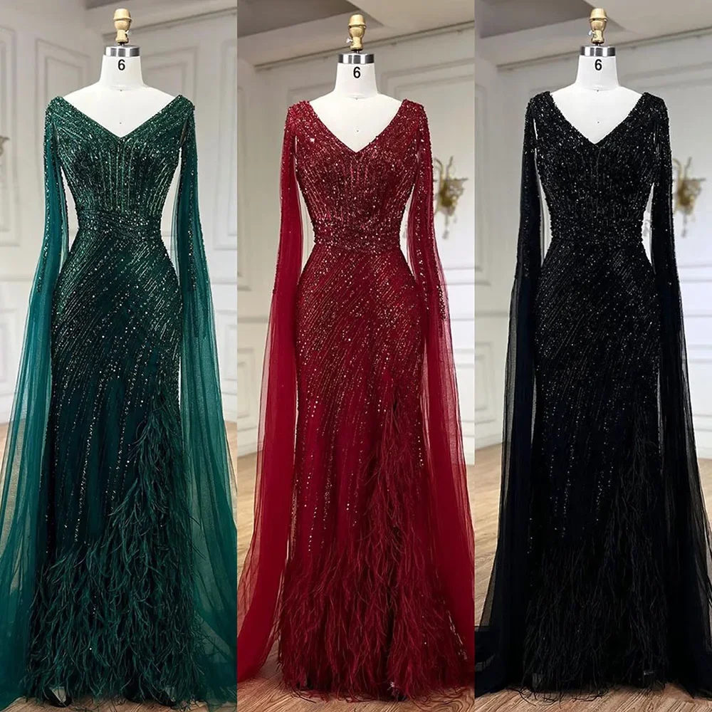 Serene Hill Black Mermaid Cape Sleeves High Split Luxury Beaded Feathers Evening Dresses Gowns 2024 For  LA72216 Customized