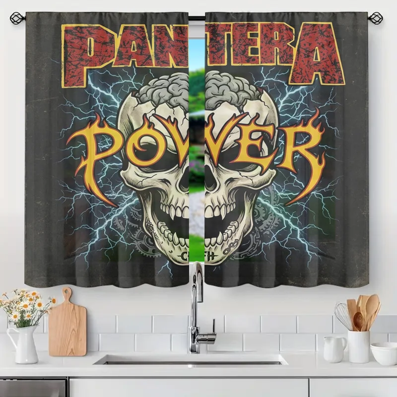 Grunge Skull Skeleton Window Curtain Decorative Panel for Tension Rod Gothic Punk Rock Style Home Accent Decor Man Cave Room Div