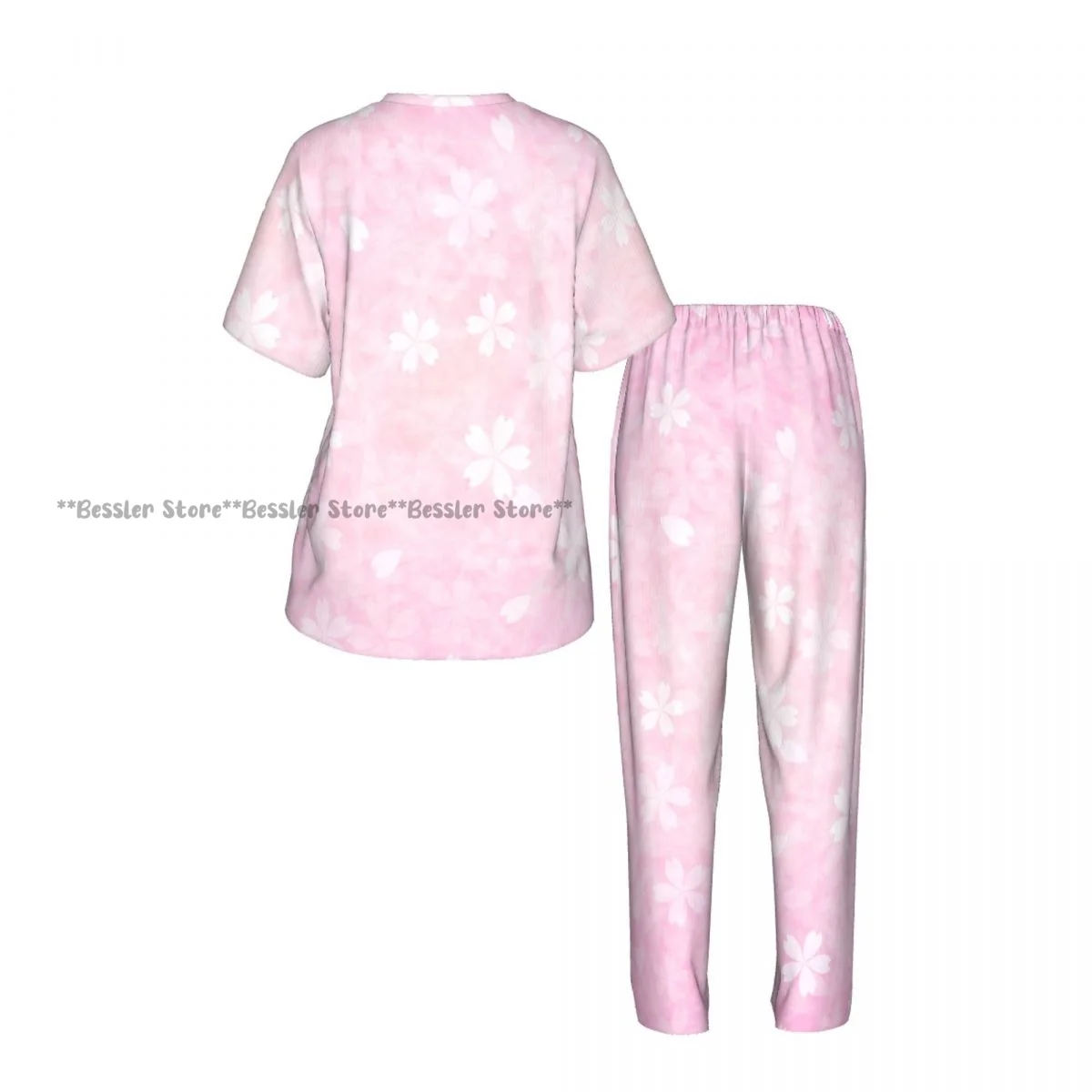Women's Pink Japanese Cherry short sleeve trousers casual pajamas set view 3