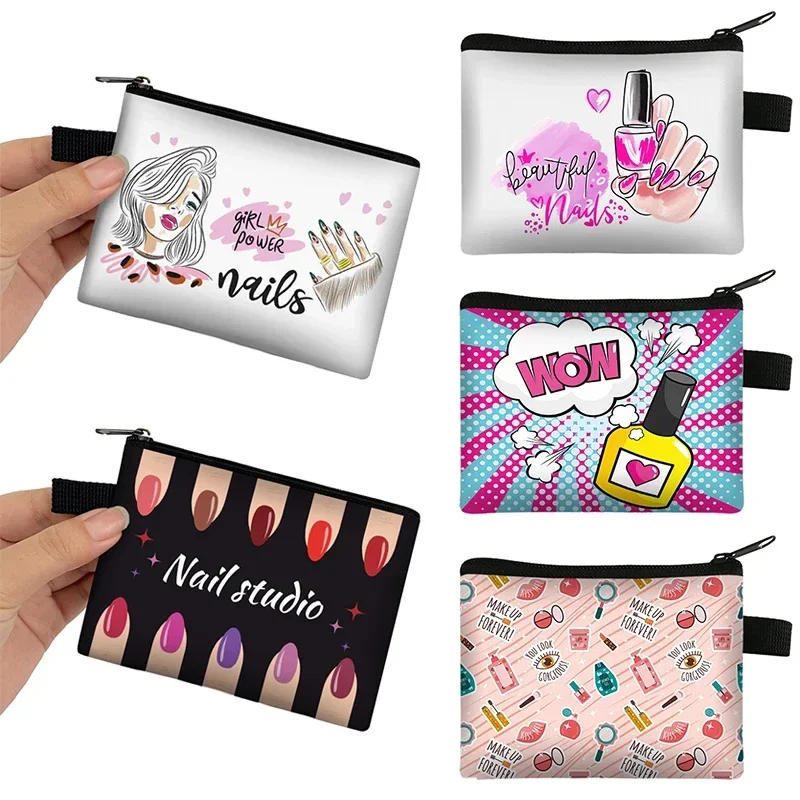 Monedero con estampado de esmalte de uñas para mujer, billeteras de estudio para salón de uñas, tarjetas de identificación, llaves, lápiz labial, bolsas para dinero para manicura, Mini bolsa