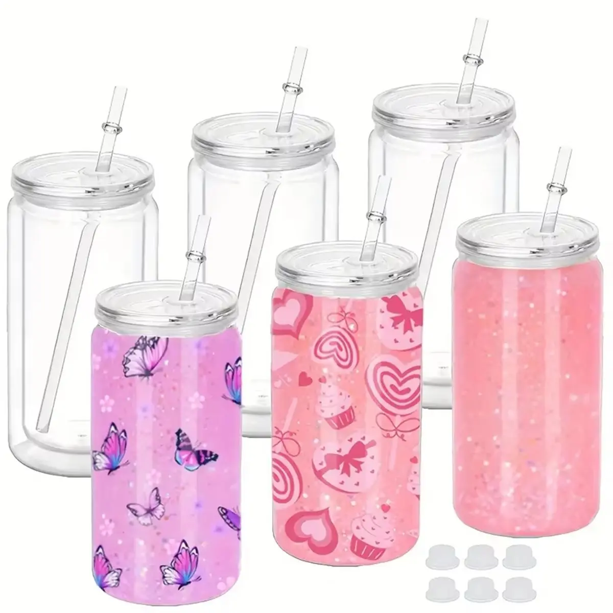 REST 6PCS 16oz Double Wall Insulated Plastic Water Bottles with Straws Lids DIY Snowball Cup with Pre Drilled Hole A